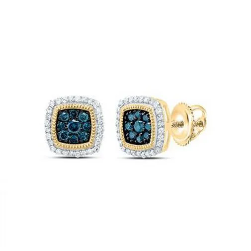 0.33 Cttw Round Blue Diamond Cushion Stud Earrings 10k Yellow Gold Screw Back