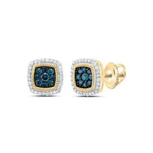0.33 Cttw Round Blue Diamond Cushion Stud Earrings 10k Yellow Gold Screw Back
