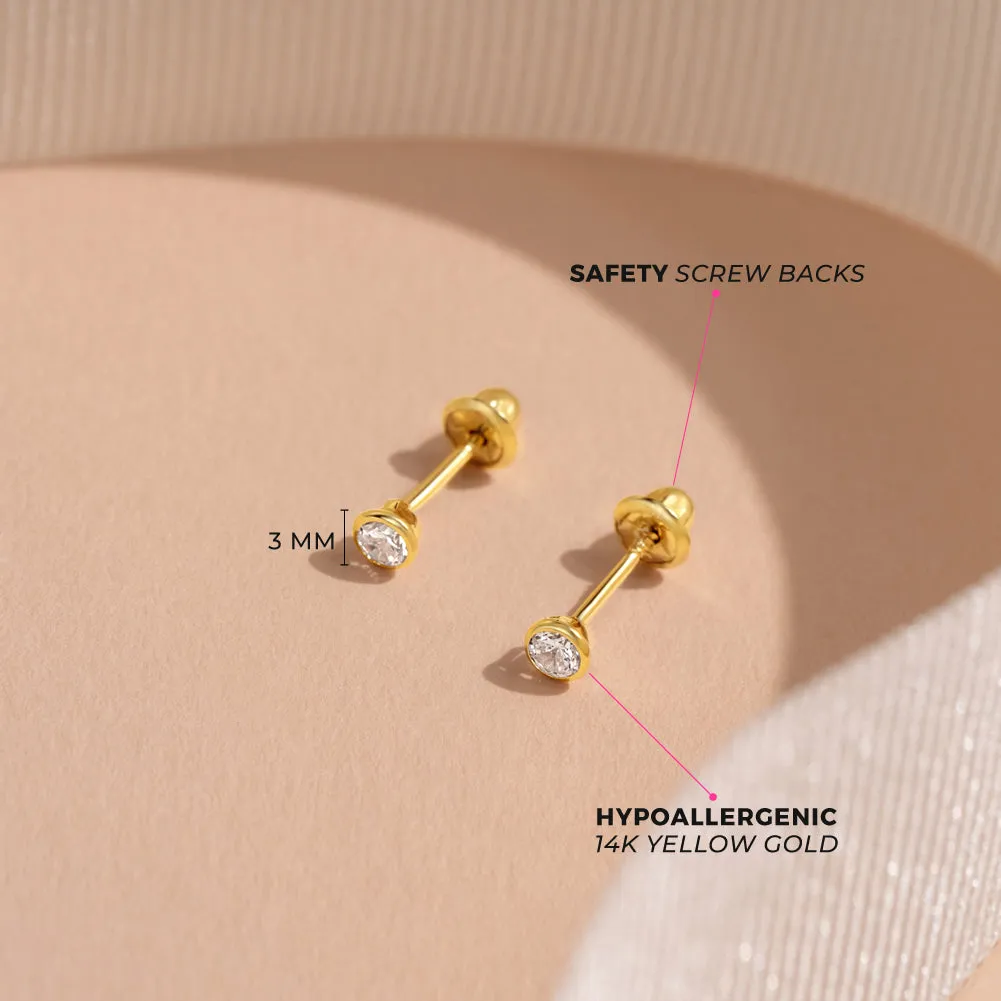 14k Gold Tiny Bezel Set CZ Baby / Toddler / Kids Earrings Safety Screw Back
