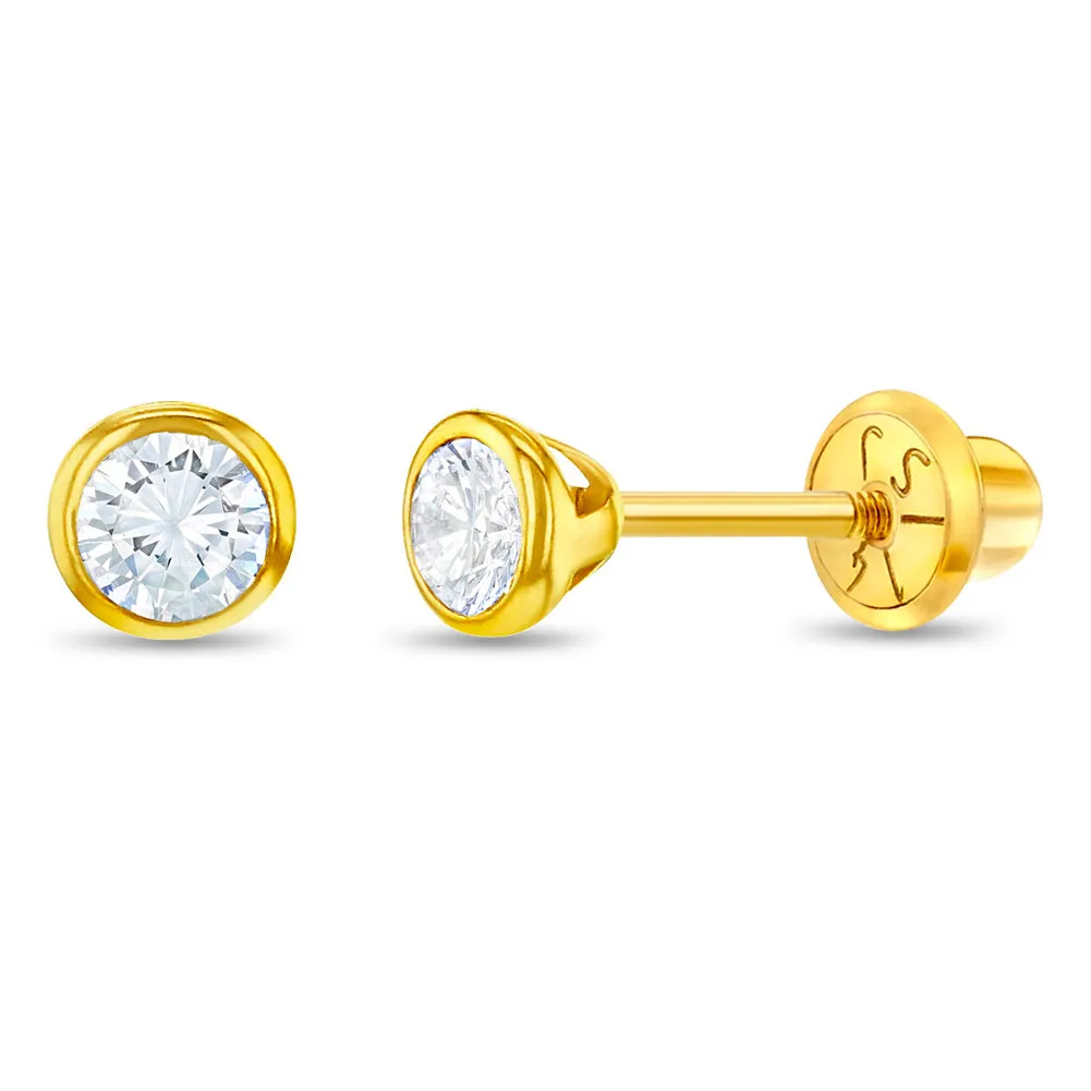 14k Gold Tiny Bezel Set CZ Baby / Toddler / Kids Earrings Safety Screw Back