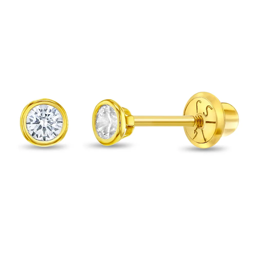 14k Gold Tiny Bezel Set CZ Baby / Toddler / Kids Earrings Safety Screw Back
