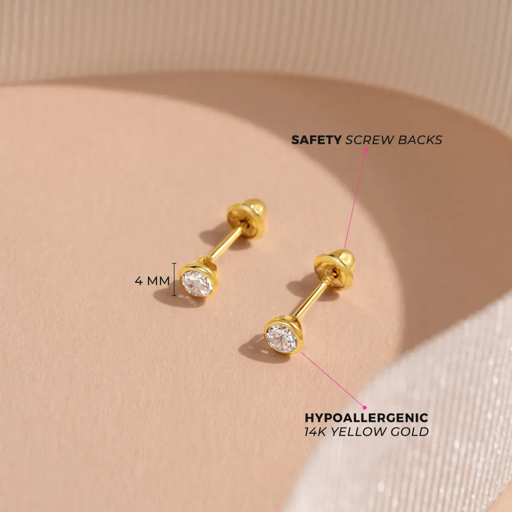 14k Gold Tiny Bezel Set CZ Baby / Toddler / Kids Earrings Safety Screw Back