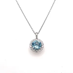 14K White Gold Aquamarine & Diamond Flower Halo Necklace