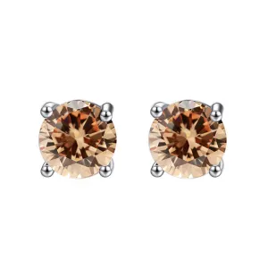 14k White Gold Plated 1 Carat Round Created Champagne Sapphire Stud Earrings