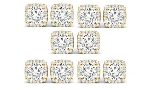 14k Yellow Gold 6mm 1/2Ct Cushion Cut White Sapphire Set Of Five Halo Stud Earrings Plated