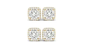 14k Yellow Gold 6mm 1Ct Cushion Cut White Sapphire Set Of Two Halo Stud Earrings Plated