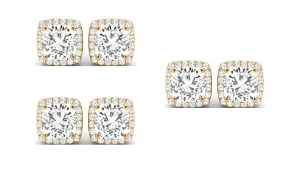 14k Yellow Gold 6mm 3Ct Cushion Cut White Sapphire Set Of Three Halo Stud Earrings Plated