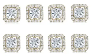 14k Yellow Gold Plated 1Ct Princess Cut White Sapphire Set of Four Halo Stud Earrings