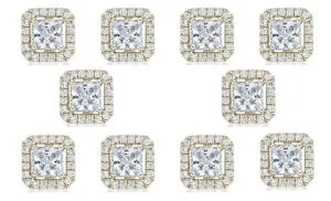 14k Yellow Gold Plated 3Ct Princess Cut White Sapphire Set of Five Halo Stud Earrings