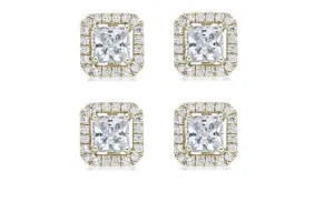 14k Yellow Gold Plated 4Ct Princess Cut White Sapphire Set of Two Halo Stud Earrings