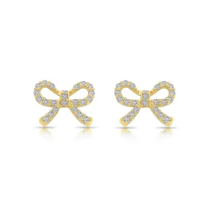 14k Yellow Gold Ribbon with CZ Stud Earrings - Screwbacks
