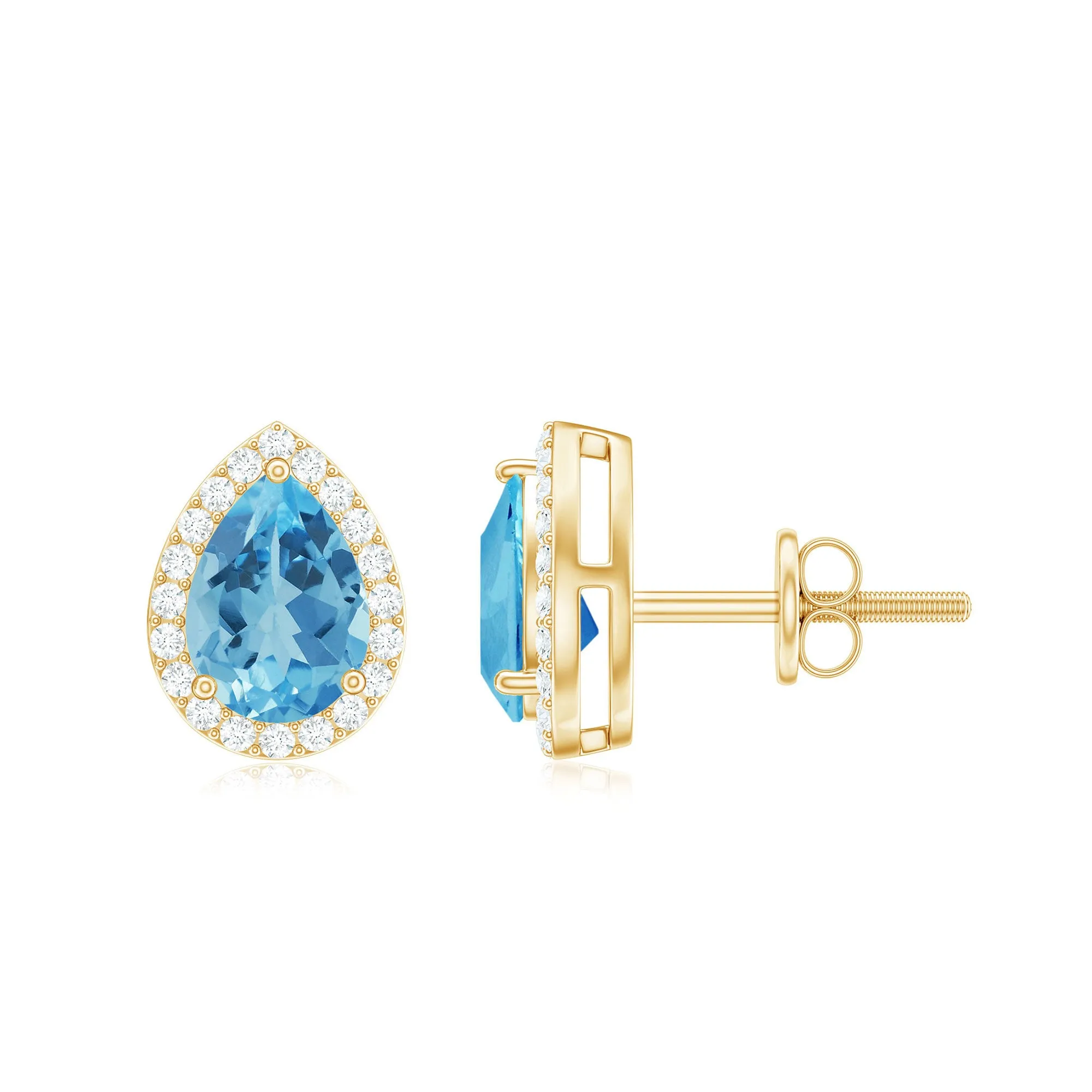 1.50 CT Classic Pear Cut Swiss Blue Topaz and Diamond Stud Earrings