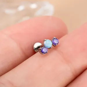 16G Titanium Internally Threaded Opal & Violet CZ Flat Back Cartilage Earring