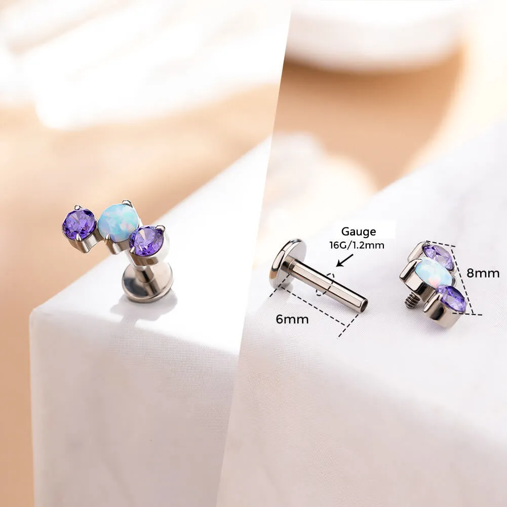 16G Titanium Internally Threaded Opal & Violet CZ Flat Back Cartilage Earring