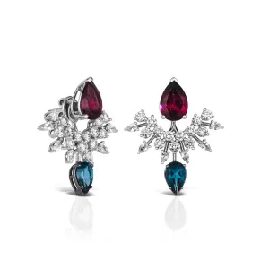 18k Amazonia (cocar) White Gold And Black Rhodium Earring With 1.83 Cts Vs-Gh Diamonds  And Topaz And Rhodolite And Sapphire