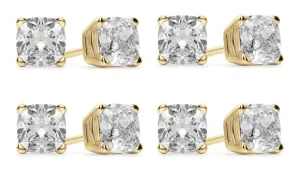 18k Yellow Gold 4mm 3Ct Cushion Cut White Sapphire Set Of Four Stud Earrings Plated