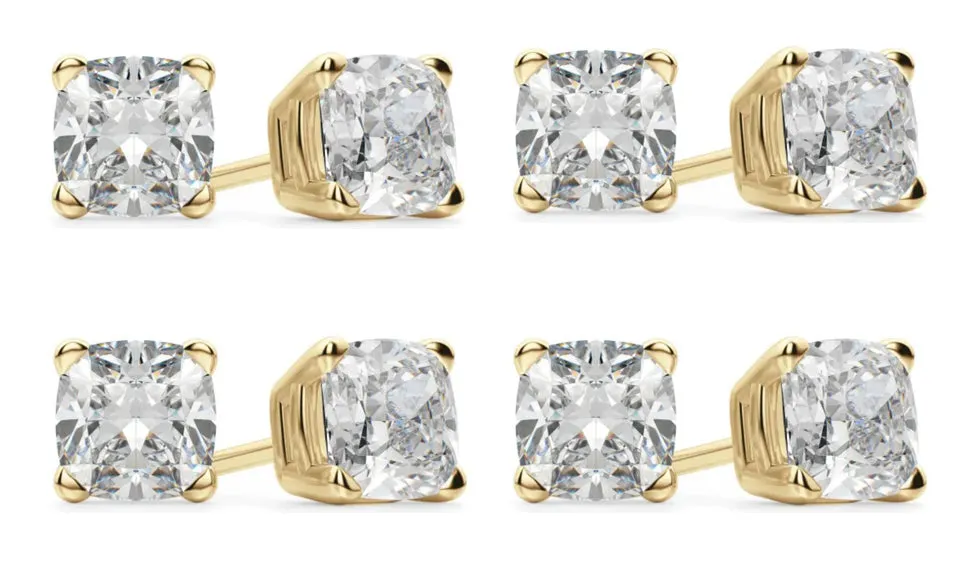18k Yellow Gold 4mm 3Ct Cushion Cut White Sapphire Set Of Four Stud Earrings Plated