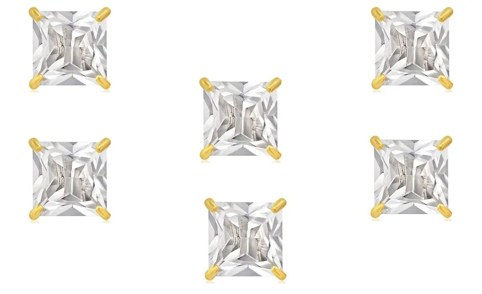 18k Yellow Gold Plated 1/2Ct Square Cut White Sapphire Set Of Three Stud Earrings
