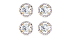 18k Yellow Gold Plated 3Ct Round White Sapphire Set of Two Halo Stud Earrings
