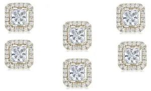 18k Yellow Gold Plated 4mm 1/2Ct Princess Cut White Sapphire Set of Three Halo Stud Earrings
