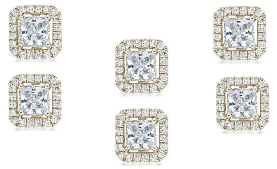 18k Yellow Gold Plated 4mm 1/2Ct Princess Cut White Sapphire Set of Three Halo Stud Earrings