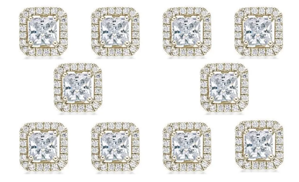 18k Yellow Gold Plated 4mm 1Ct Princess Cut White Sapphire Set of Five Halo Stud Earrings