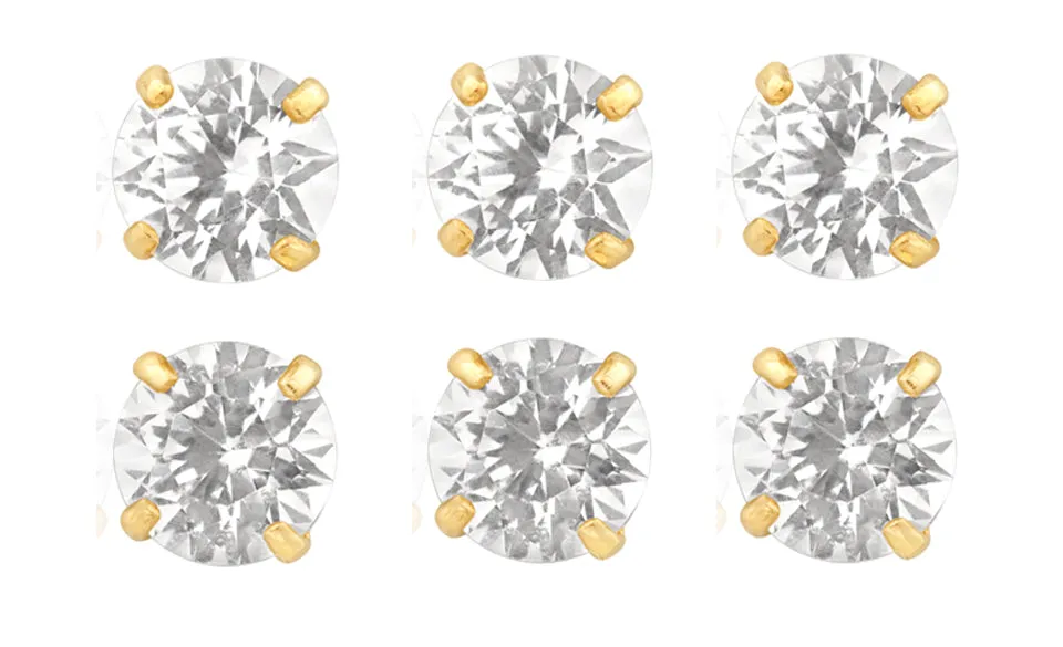 18k Yellow Gold Plated 6mm 1Ct Round White Sapphire Set Of Three Stud Earrings