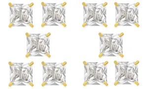 18k Yellow Gold Plated 6mm 4Ct Square Cut White Sapphire Set Of Five Stud Earrings