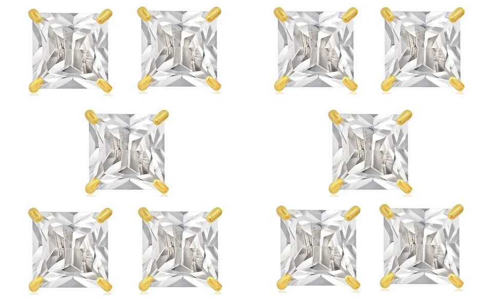 18k Yellow Gold Plated 6mm 4Ct Square Cut White Sapphire Set Of Five Stud Earrings