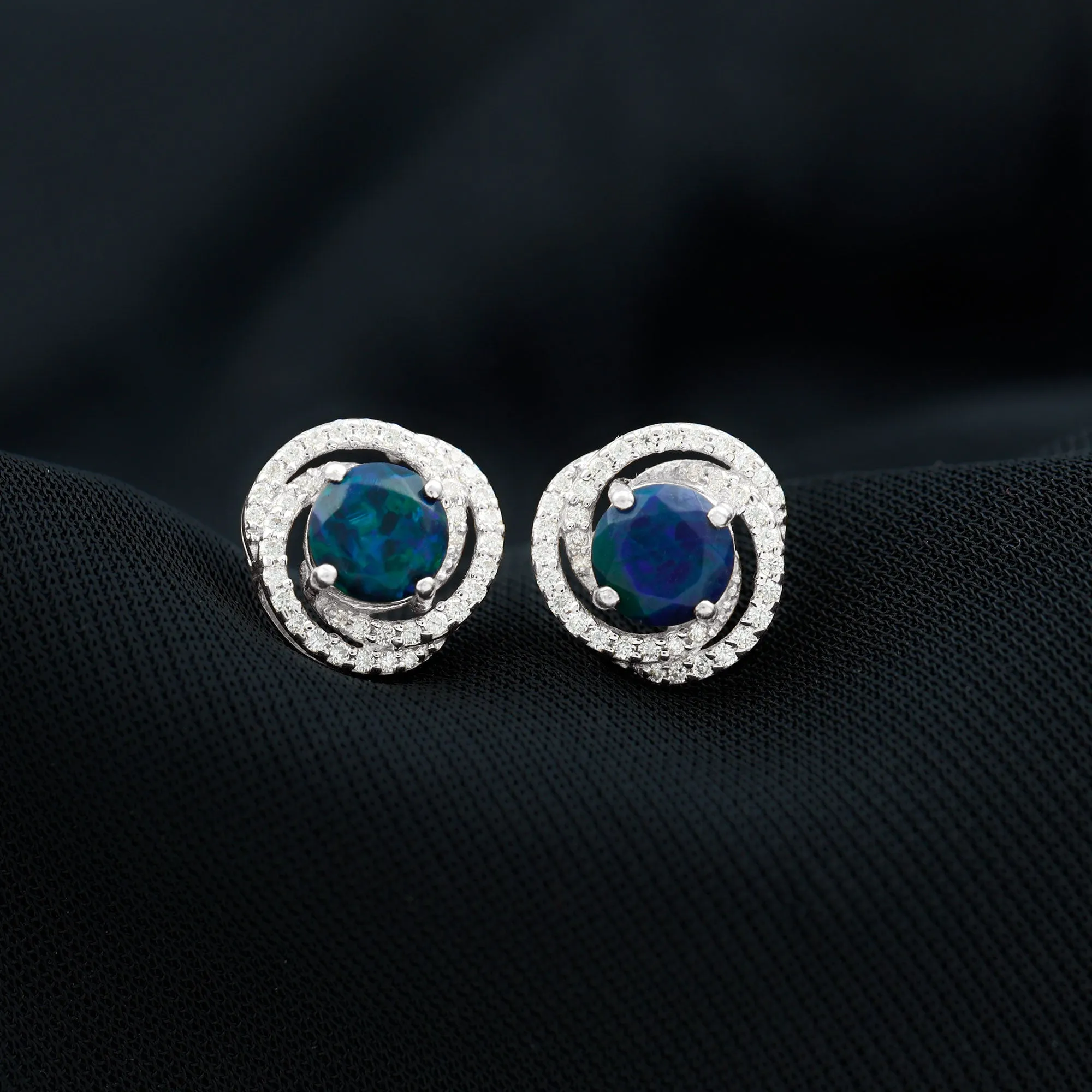 2 CT Black Opal Swirl Stud Earrings with Moissanite in Gold