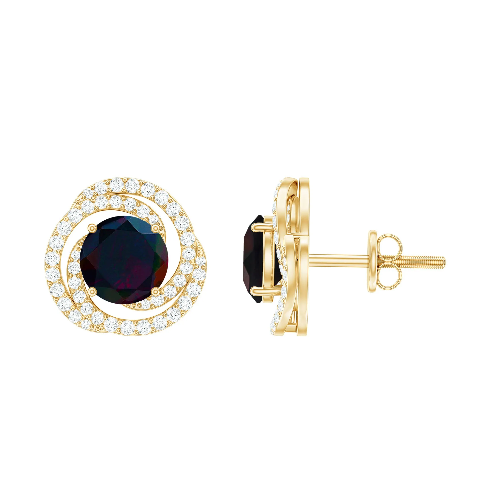 2 CT Black Opal Swirl Stud Earrings with Moissanite in Gold
