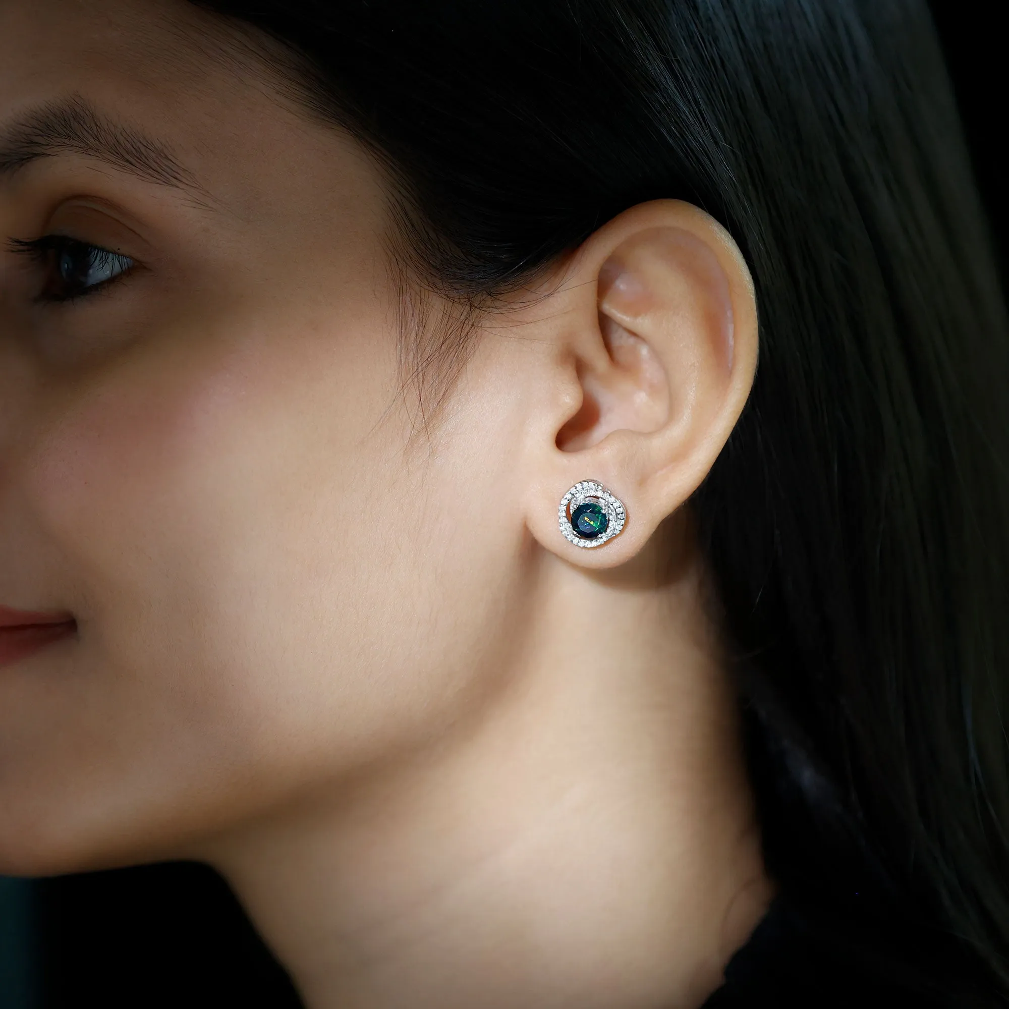 2 CT Black Opal Swirl Stud Earrings with Moissanite in Gold