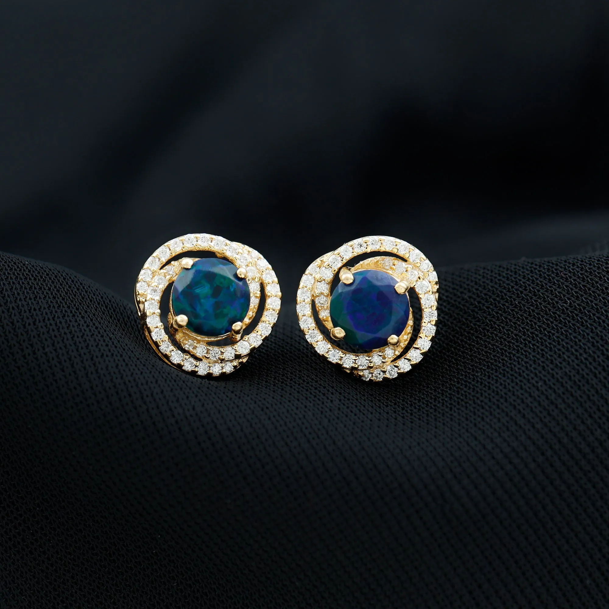 2 CT Black Opal Swirl Stud Earrings with Moissanite in Gold