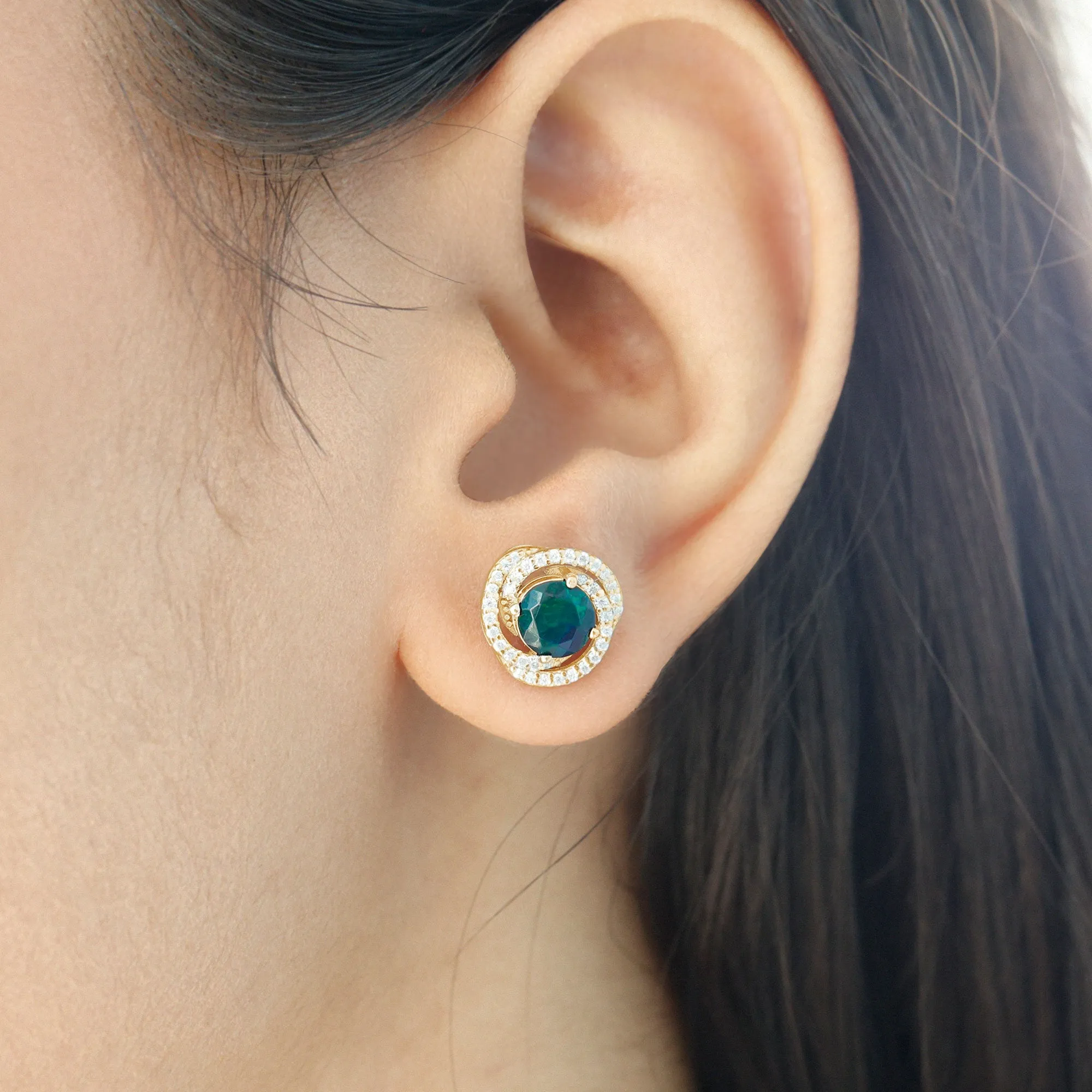 2 CT Black Opal Swirl Stud Earrings with Moissanite in Gold