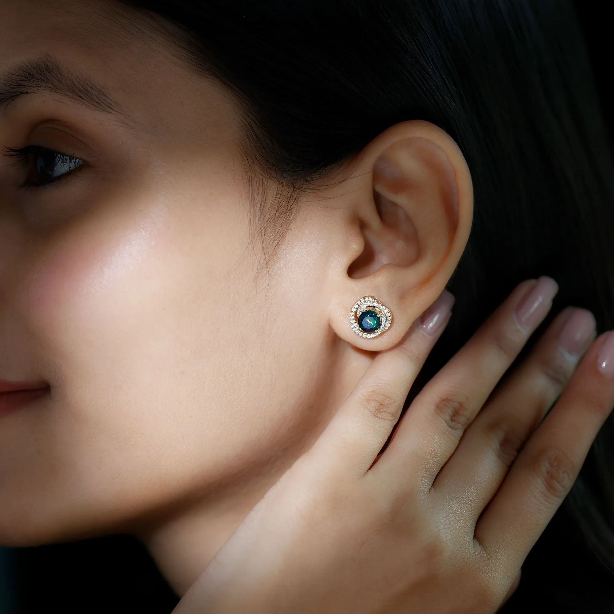 2 CT Black Opal Swirl Stud Earrings with Moissanite in Gold