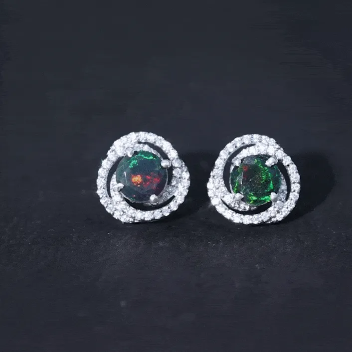 2 CT Black Opal Swirl Stud Earrings with Moissanite in Gold