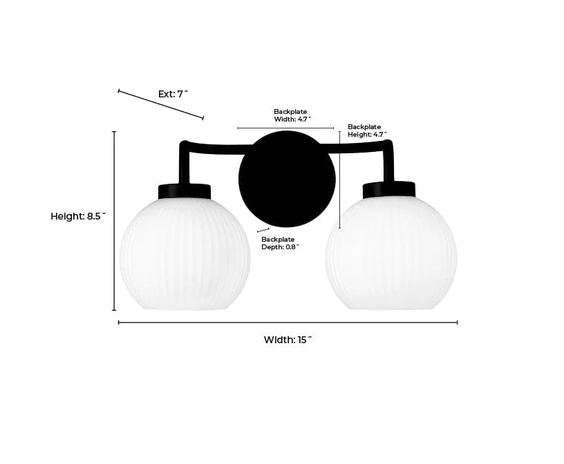 2 Lamps Oprah Vanity Light - Matte Black - Opal Ribbed Glass - 15in. Wide