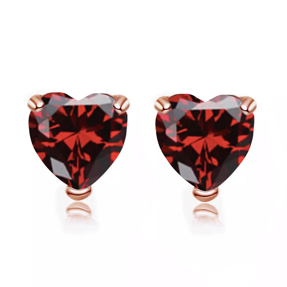 24k Rose Gold Plated 1/2 Carat Heart Created Garnet Sapphire Stud Earrings