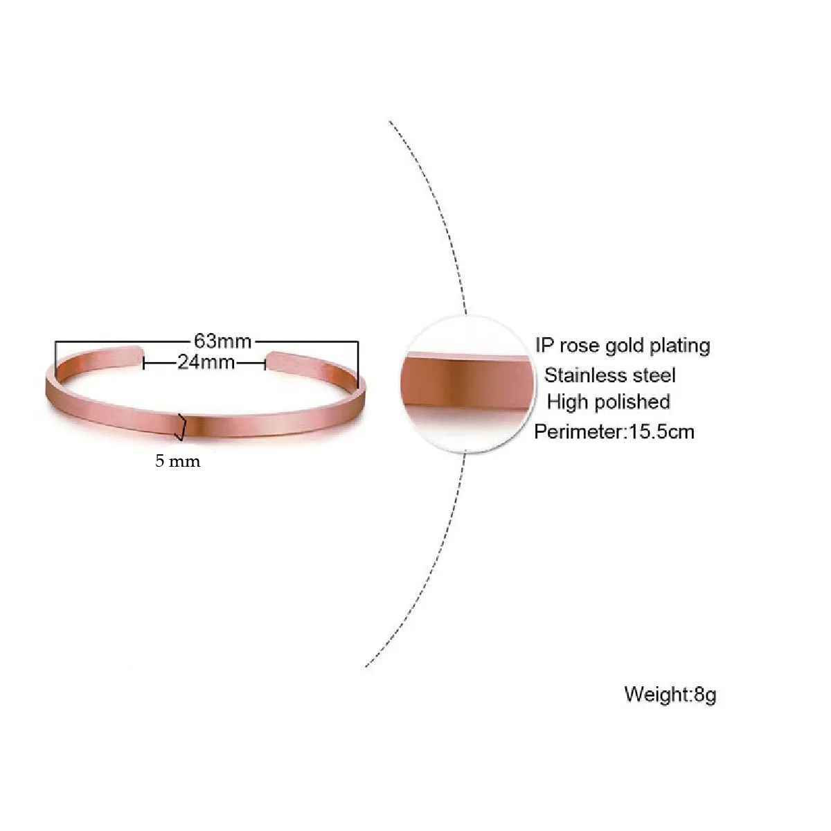 5mm Matte Finish 316 Surgical Stainless Steel Rose Gold Free Size Cuff Kada Bangle Bracelet Unisex