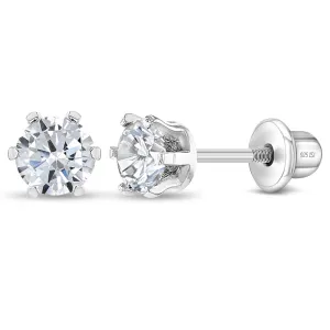 6 Prong Solitaire Kids / Children's / Girls Earrings Screw Back - Sterling Silver