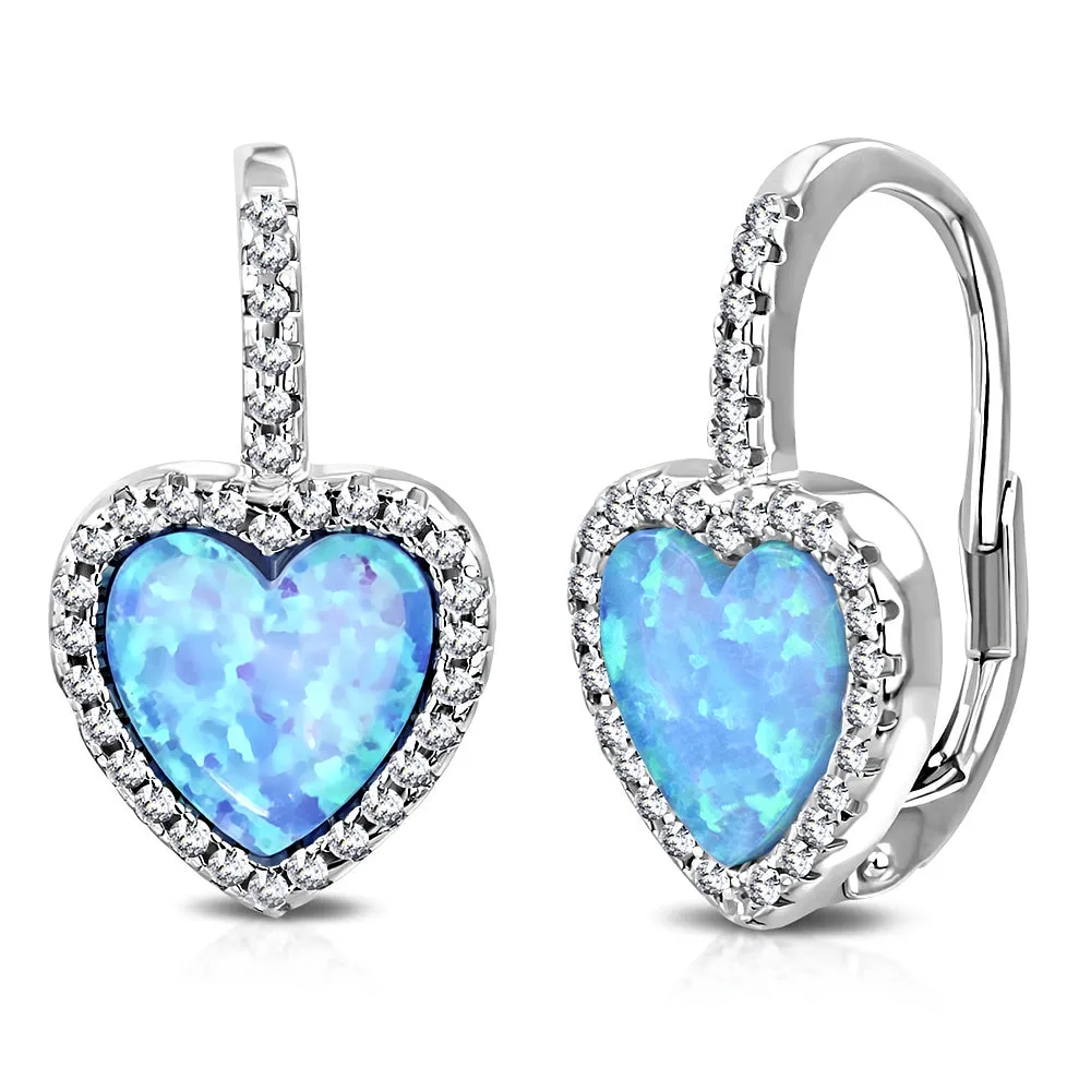 925 Sterling Silver Yellow Gold-Tone Clear CZ Simulated Blue Opal Love Heart Hoop Dangle Earrings, 0.75"