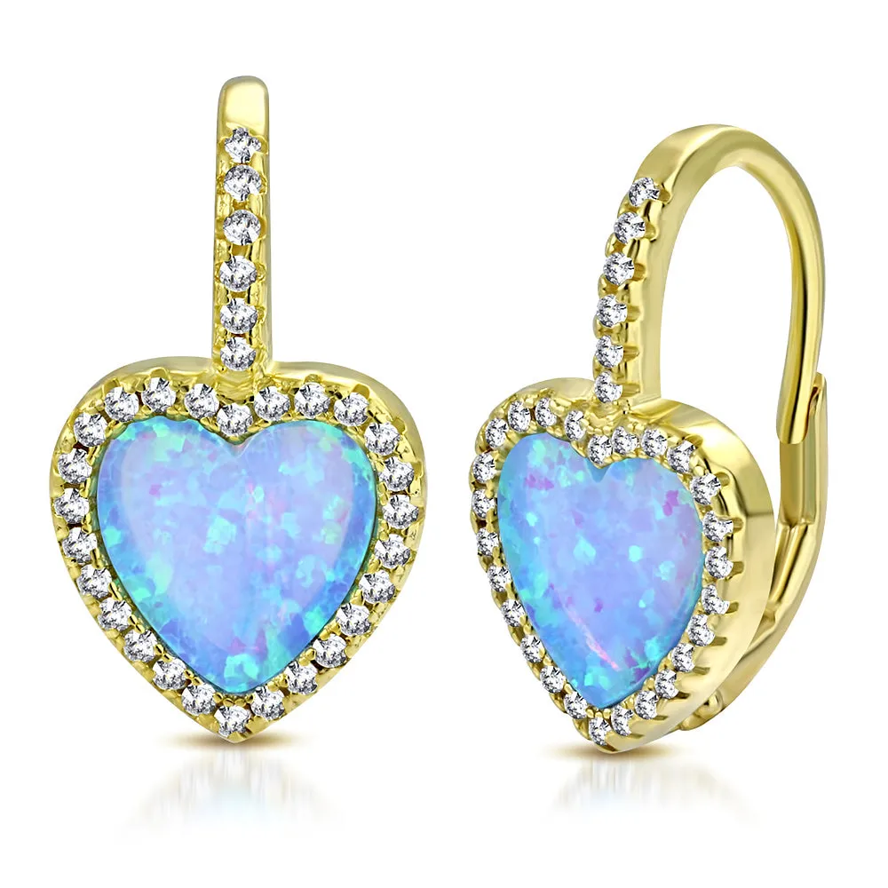 925 Sterling Silver Yellow Gold-Tone Clear CZ Simulated Blue Opal Love Heart Hoop Dangle Earrings, 0.75"