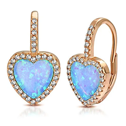925 Sterling Silver Yellow Gold-Tone Clear CZ Simulated Blue Opal Love Heart Hoop Dangle Earrings, 0.75"