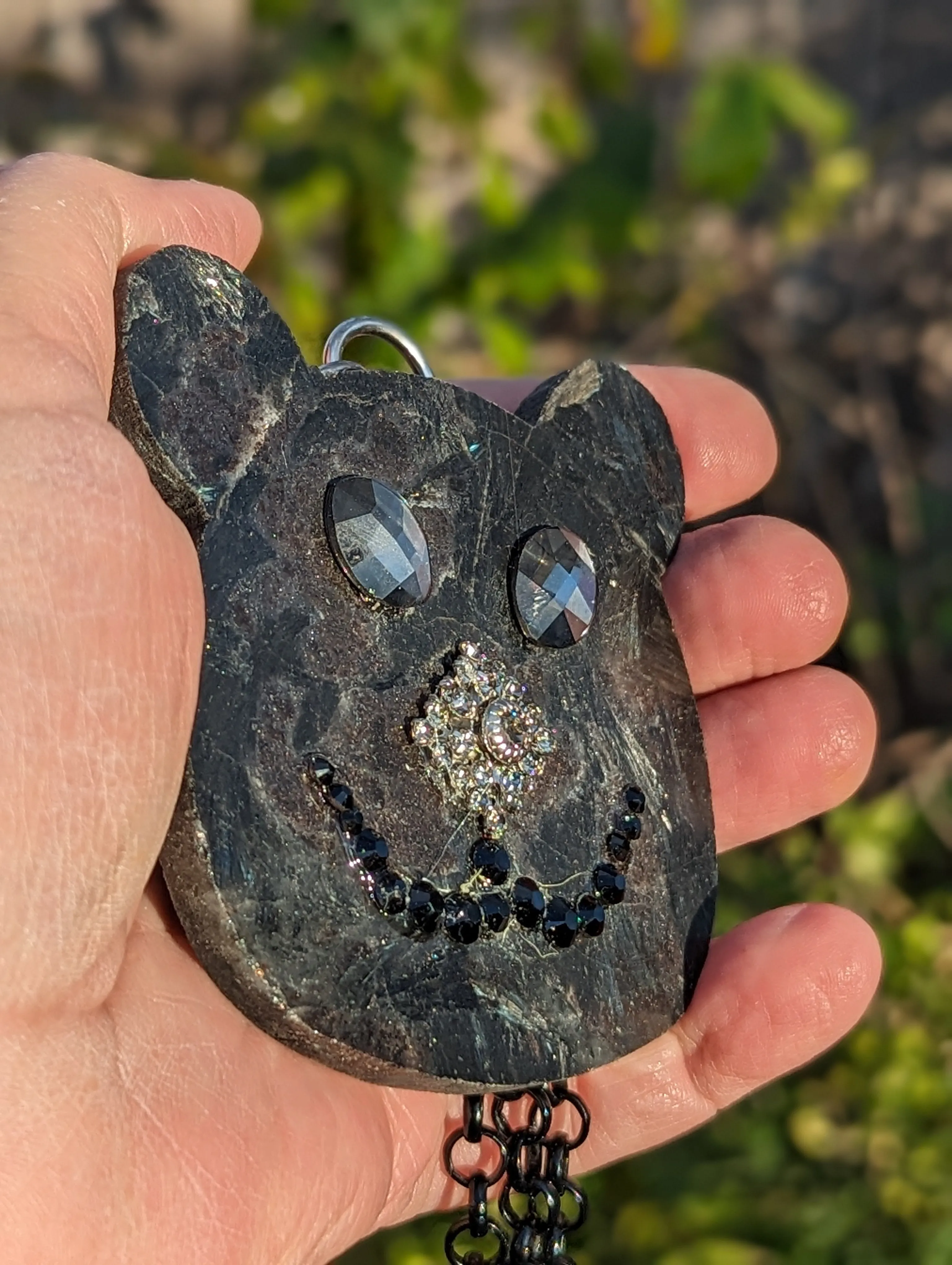 Bear Pendant Firestone Swarvoskis Black Long Chain Handmade One of a kind Sugar Gay Isber