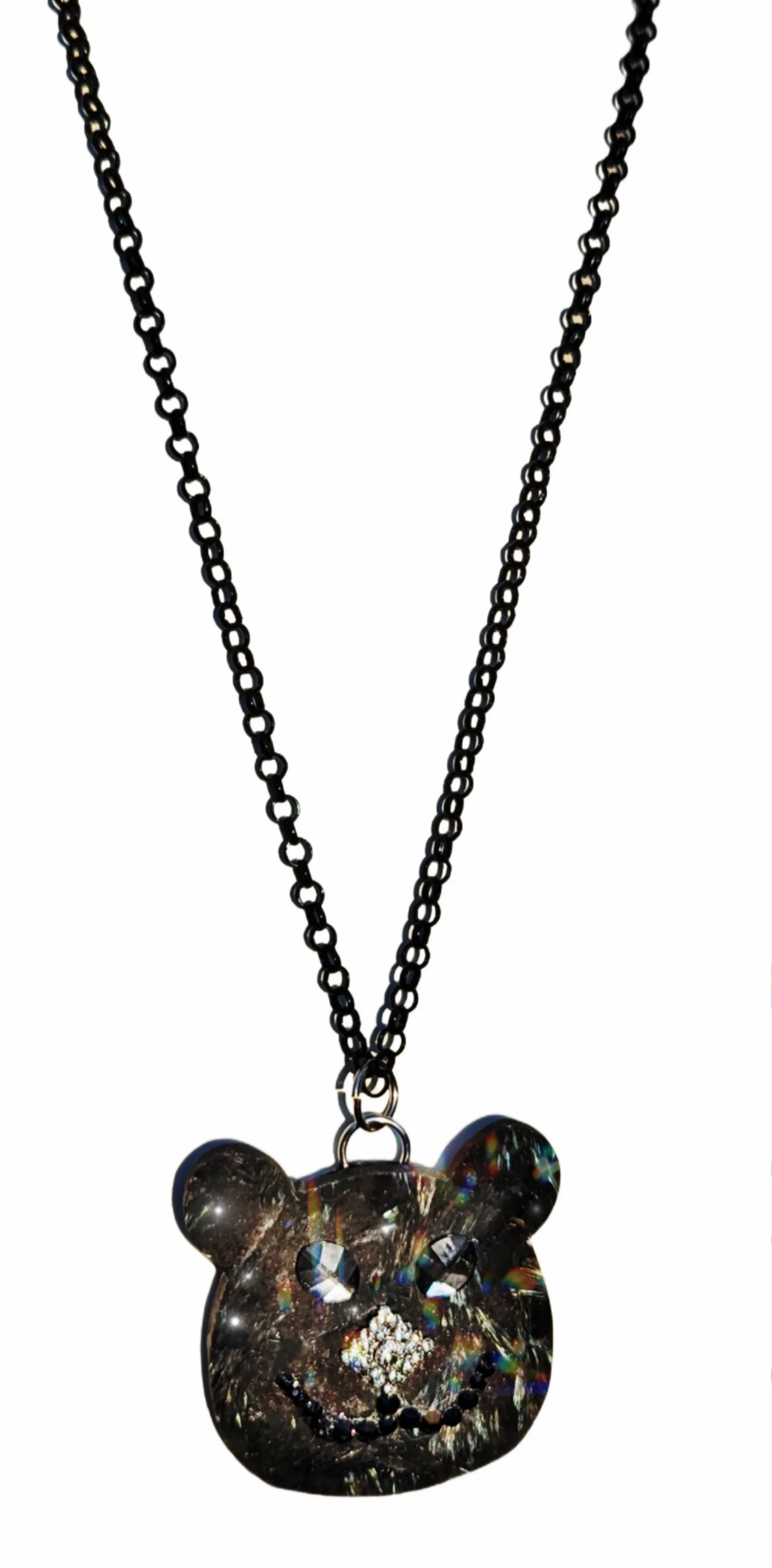 Bear Pendant Firestone Swarvoskis Black Long Chain Handmade One of a kind Sugar Gay Isber