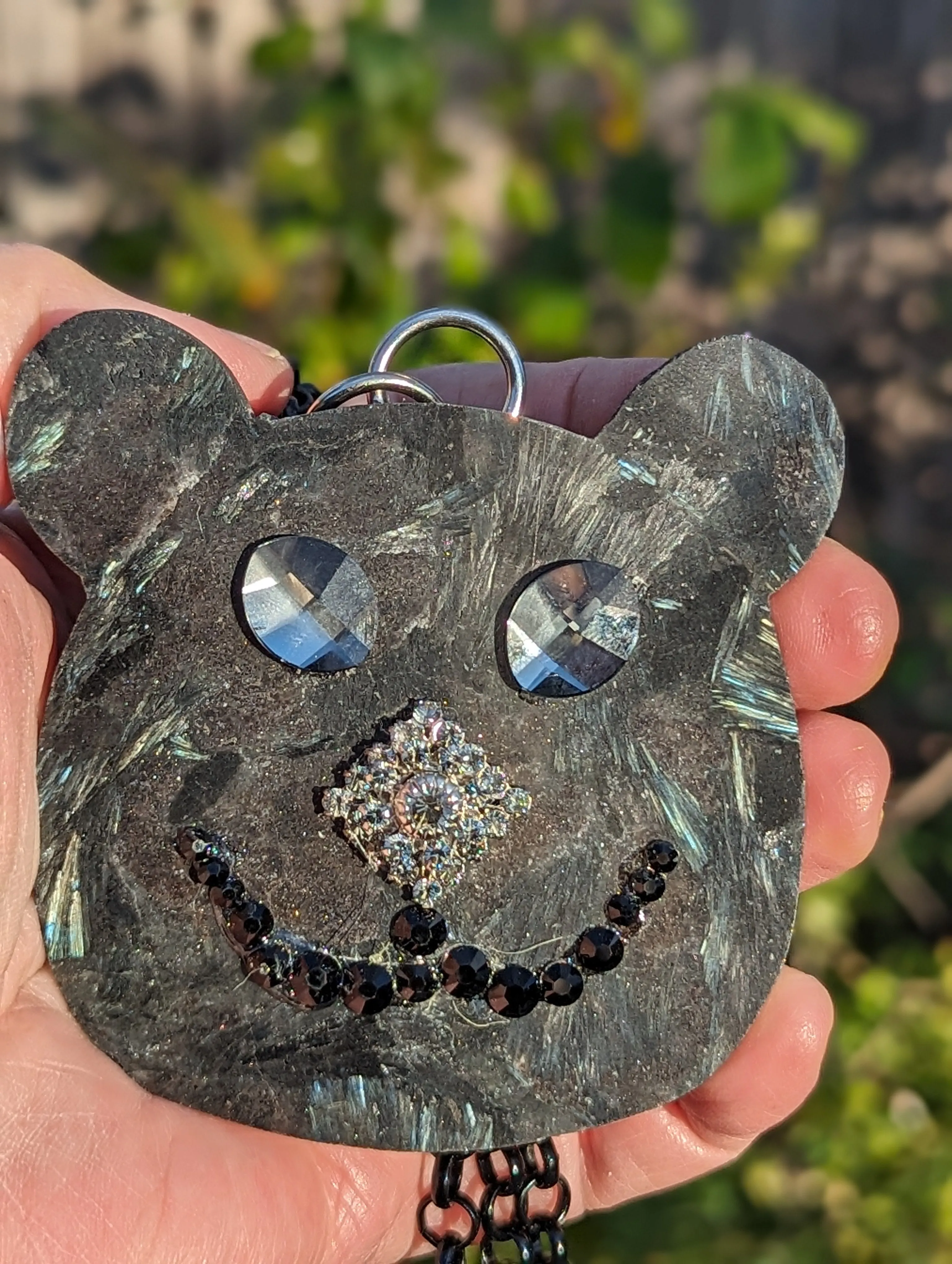 Bear Pendant Firestone Swarvoskis Black Long Chain Handmade One of a kind Sugar Gay Isber