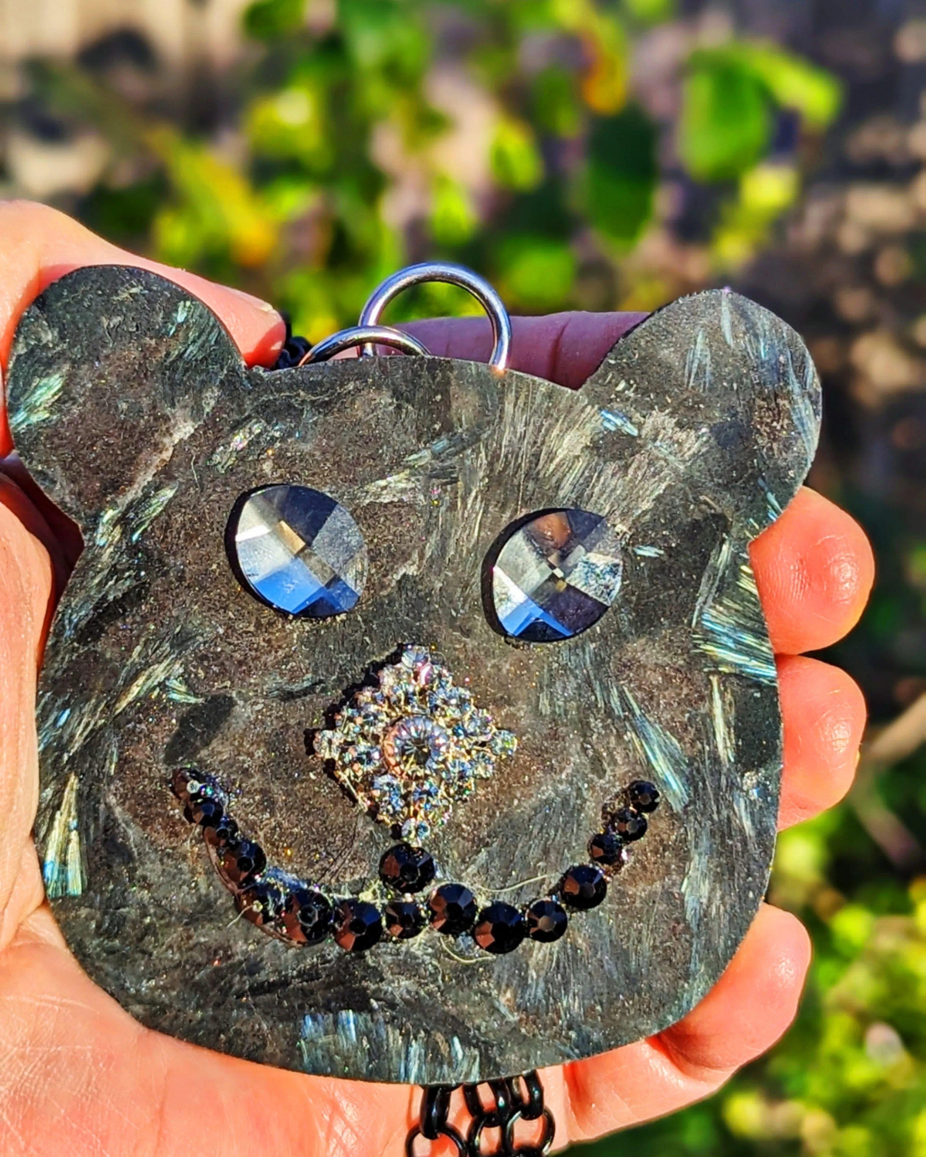 Bear Pendant Firestone Swarvoskis Black Long Chain Handmade One of a kind Sugar Gay Isber