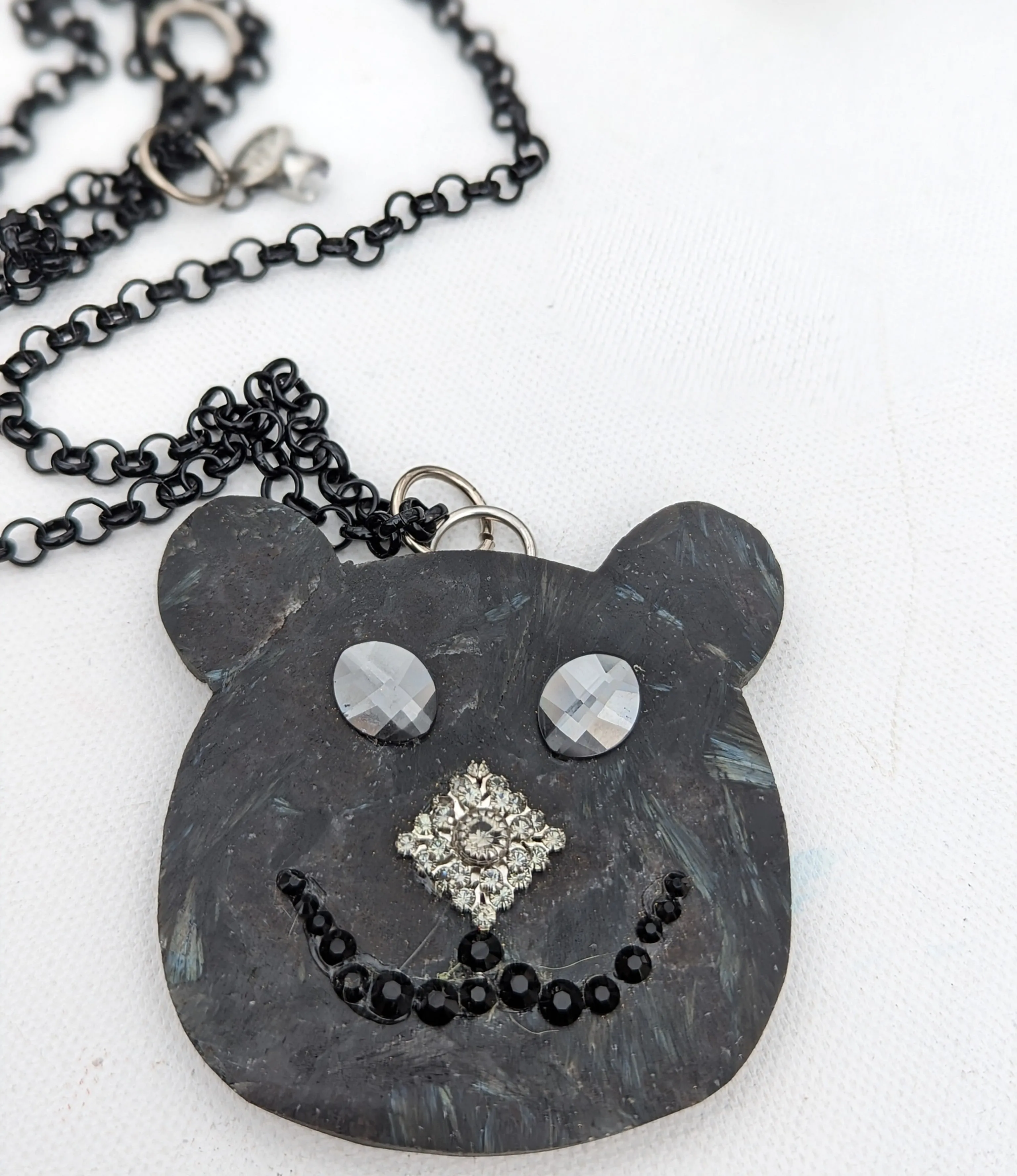Bear Pendant Firestone Swarvoskis Black Long Chain Handmade One of a kind Sugar Gay Isber