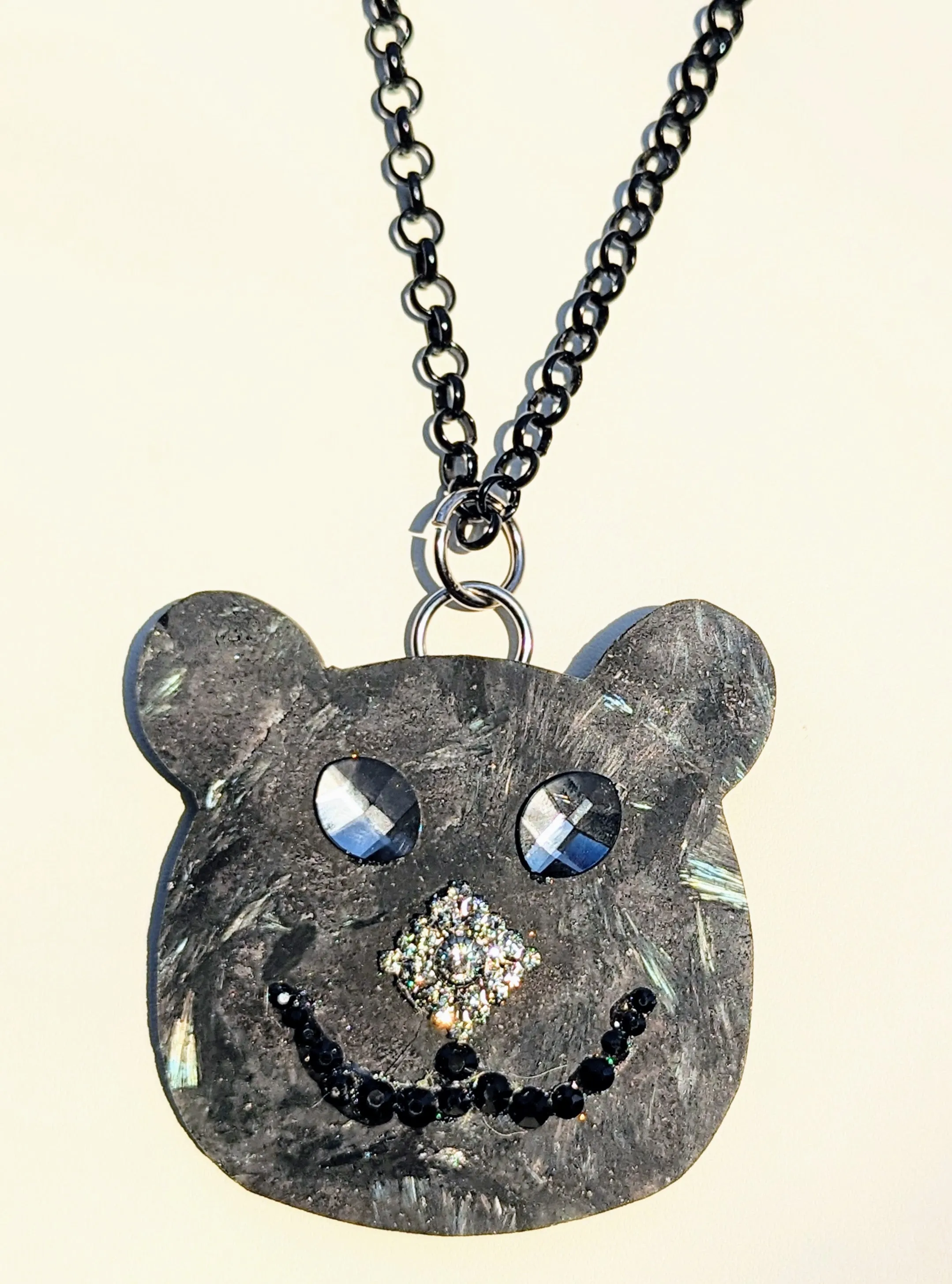 Bear Pendant Firestone Swarvoskis Black Long Chain Handmade One of a kind Sugar Gay Isber