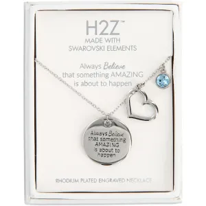Believe Aquamarine Crystal 16.5"-20.5" Engraved Rhodium Plated Austrian Element Necklace